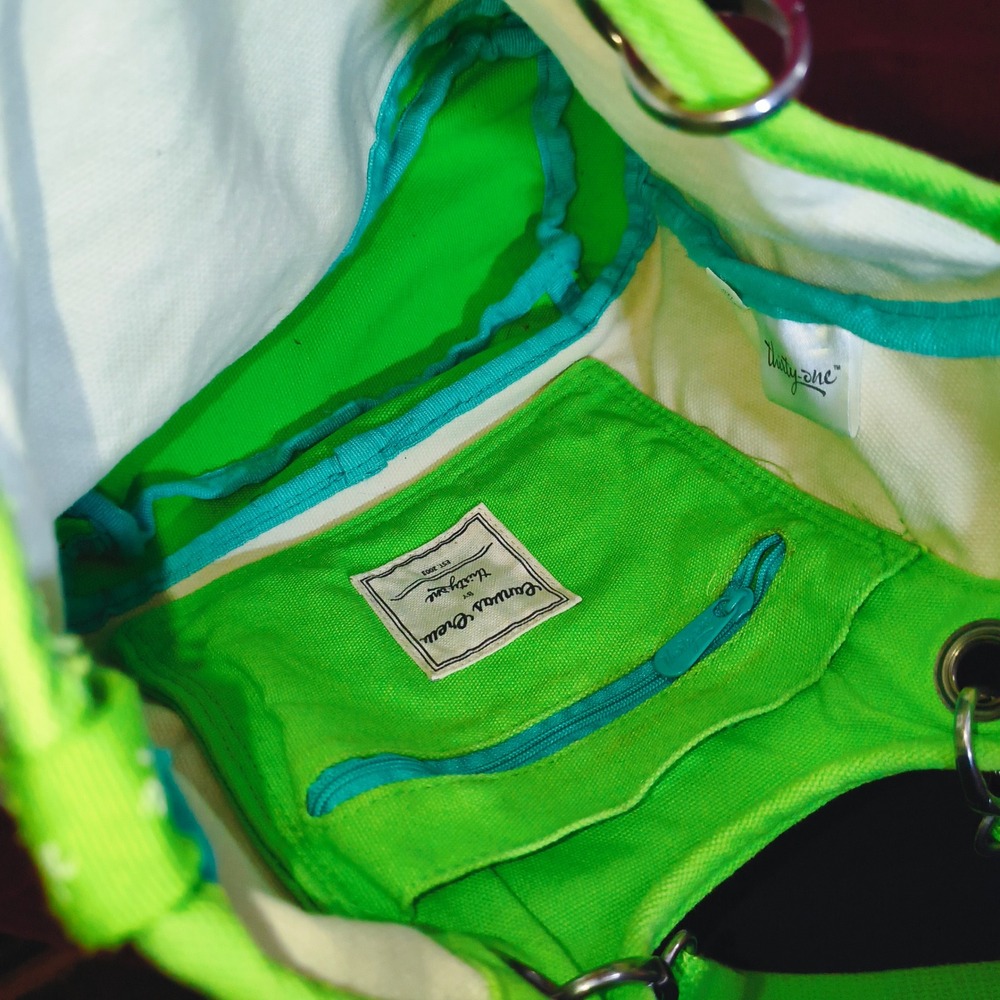 Thirty-One Canvas Crew Shoulder Bag Cream Lime Green Tote Handbag - Picture 8 of 8